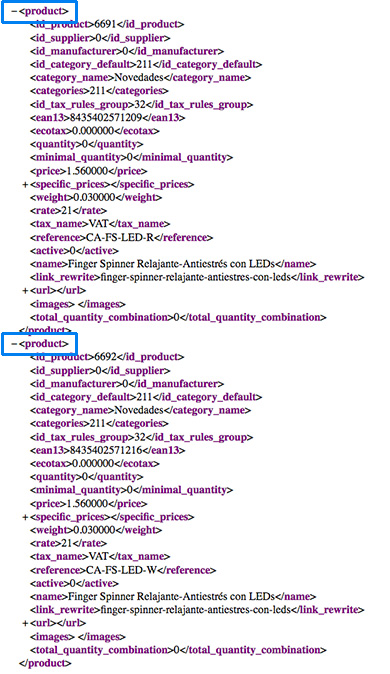 Ejemplo de tag de producto en un archivo XML
